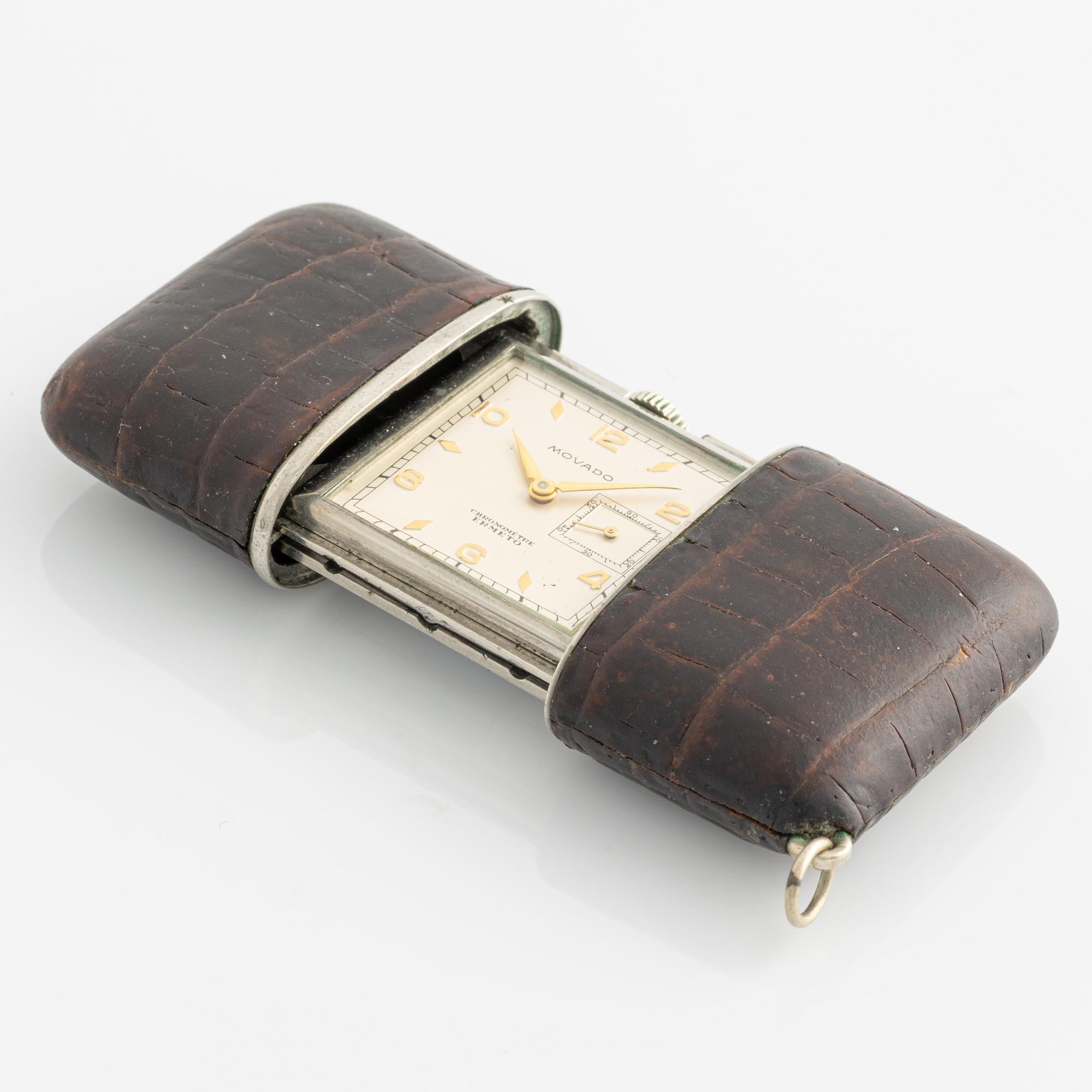 Movado, Chronomètre Ermeto, travel clock, 49 (71) x 34 x 13.5 mm.