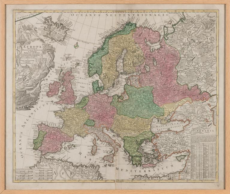 A HAND COLOURED MAP, copper engraving by August Vindel, 1756.