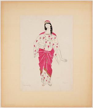 Isaac Grünewald, Costume sketch - woman in a dress with rose pattern.