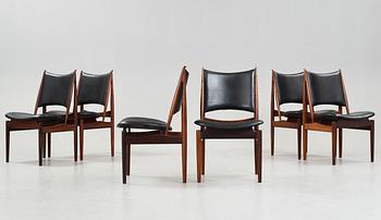 Finn Juhl, A set of six Finn Juhl 'Egyptian Chairs' in rosewood and black original upholstery, by Niels Vodder, Denmark 1950-60's.