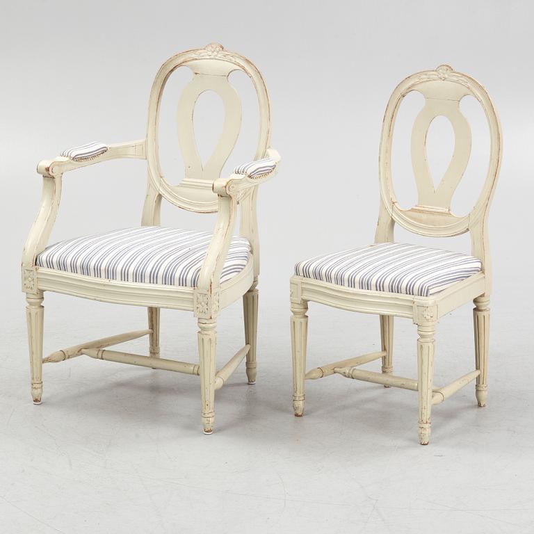 Stolar, 4 st och karmstolar, ett par, gustaviansk stil, 1900-talets första hälft.