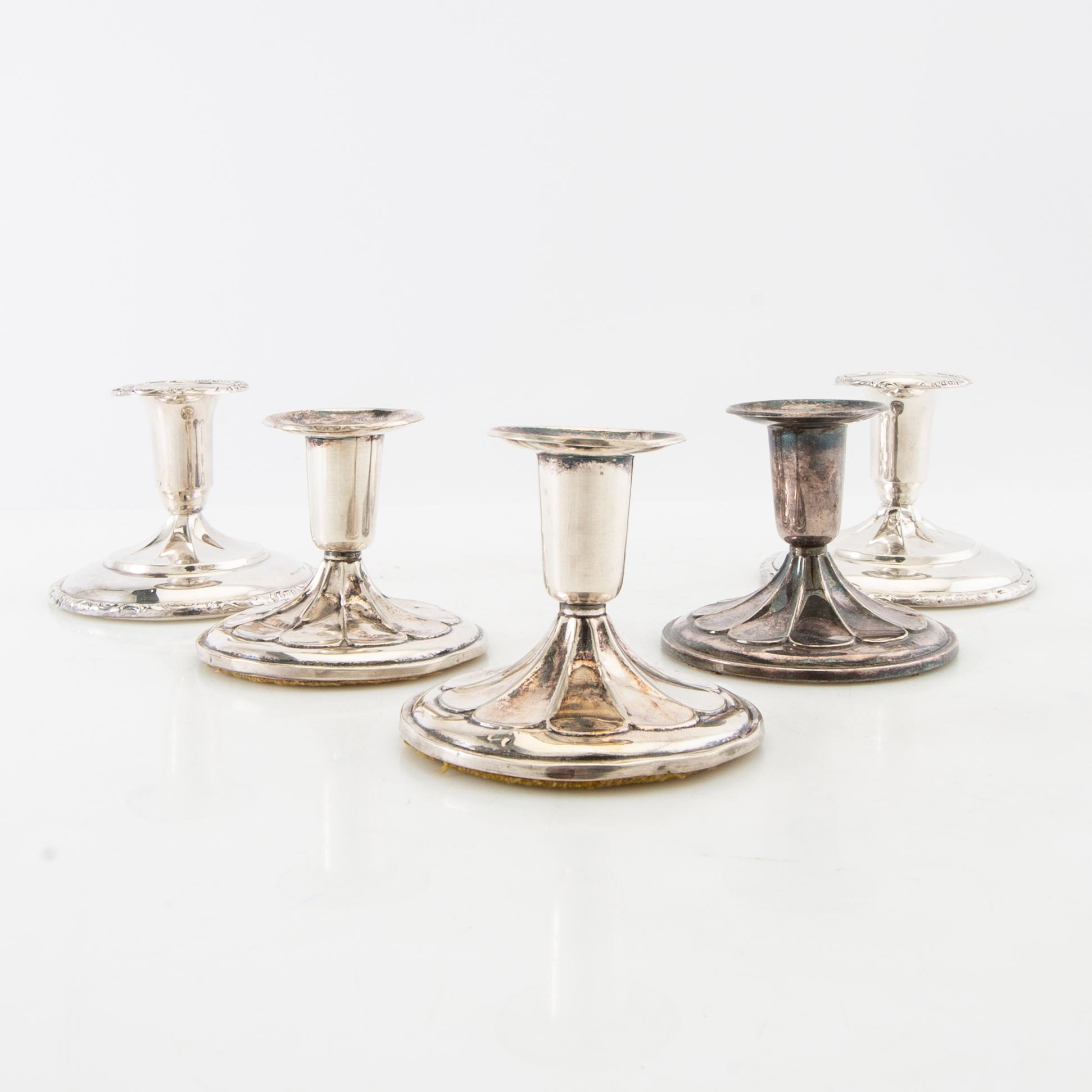 Ljusstakar 5 st silver Ceson Göteborg 1957 samt svenska importstämplar 1900-talets mitt.