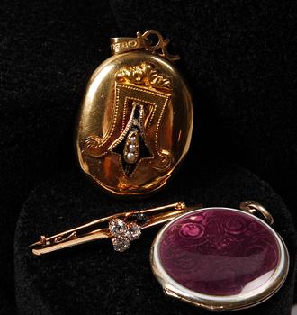 PARTI SMYCKEN, 3 delar, bl a briljanter, 18 K guld och stelingsilver, 1800-1900-tal.