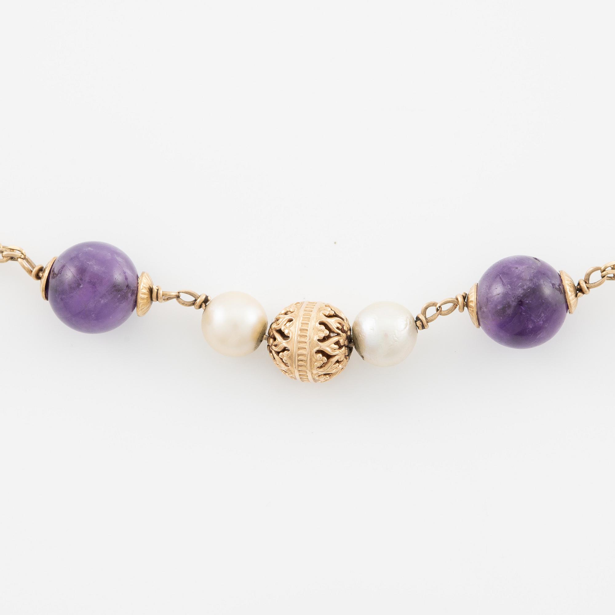 Necklace 14K gold with pearls and amethysts, Austria, Vienna.