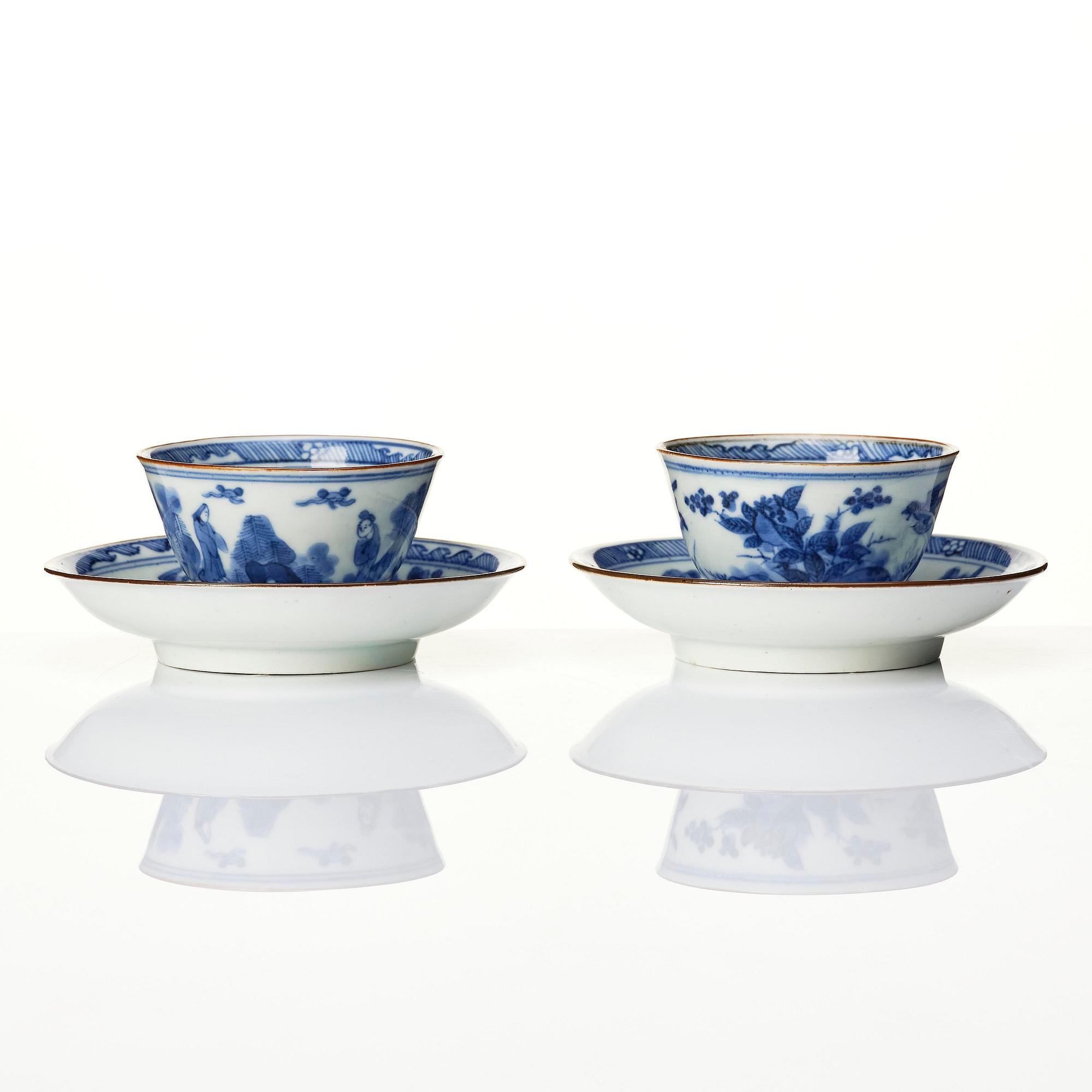 A matched set of eight blue and white cups and stands, Qing dynasty, Kangxi (1662-1722).