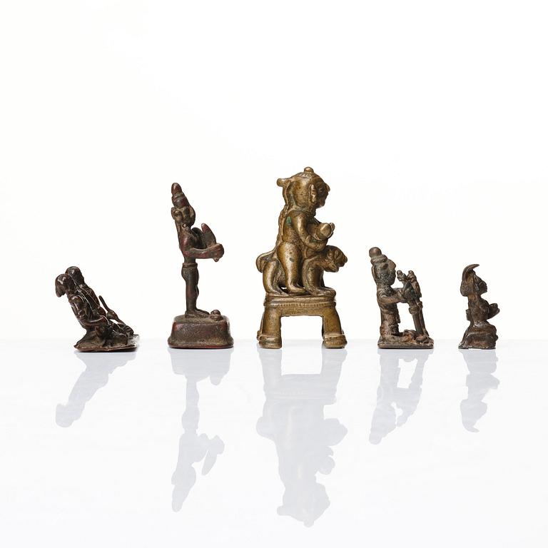 A set of five bronze miniature sculptures of deities, India.