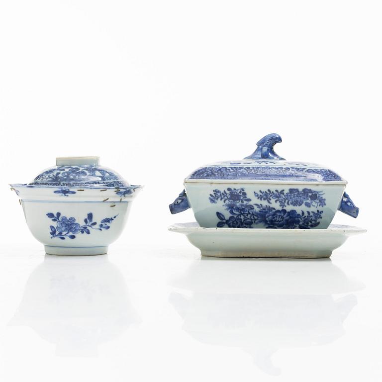 A blue and white butter dish with stand and cover, and a blue and white bowl with cover, China, Qianlong (1736-95).