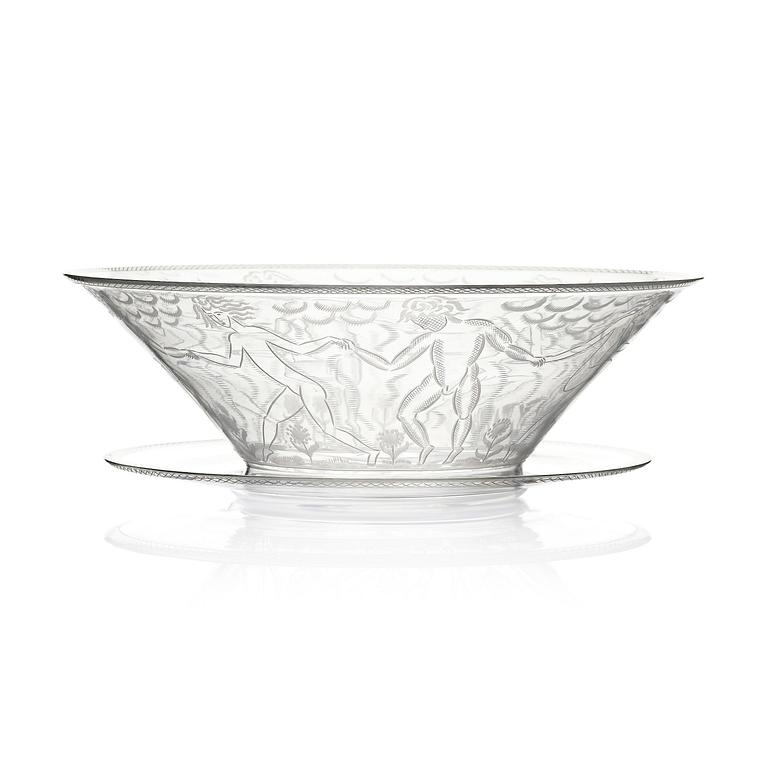 Edward Hald, an engraved glass bowl with plate, Orrefors, Sweden, 1926, model 305, engraved by Emil Goldmann.