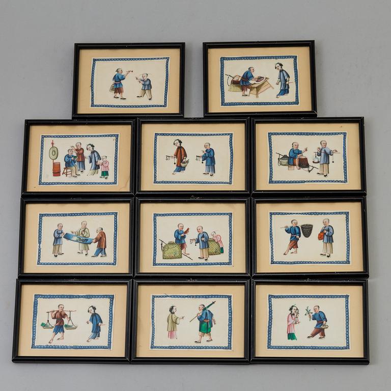 11 Chinese miniature paintings on rice paper, circa 1900.