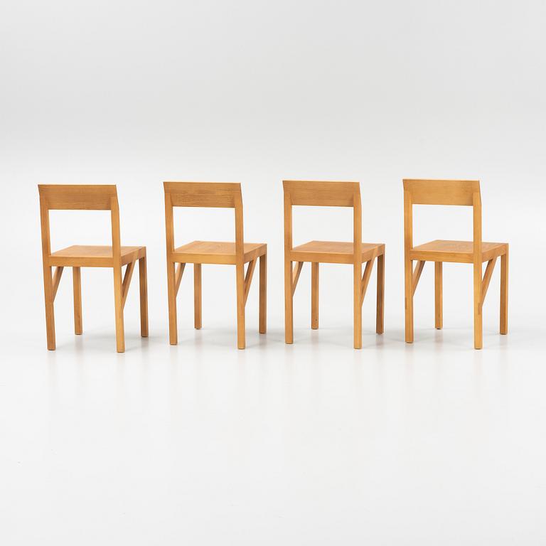 A set of four signed stained pine 'Bracket Chairs' by Frederik Gustav for Frama, Copenhagen 2023.