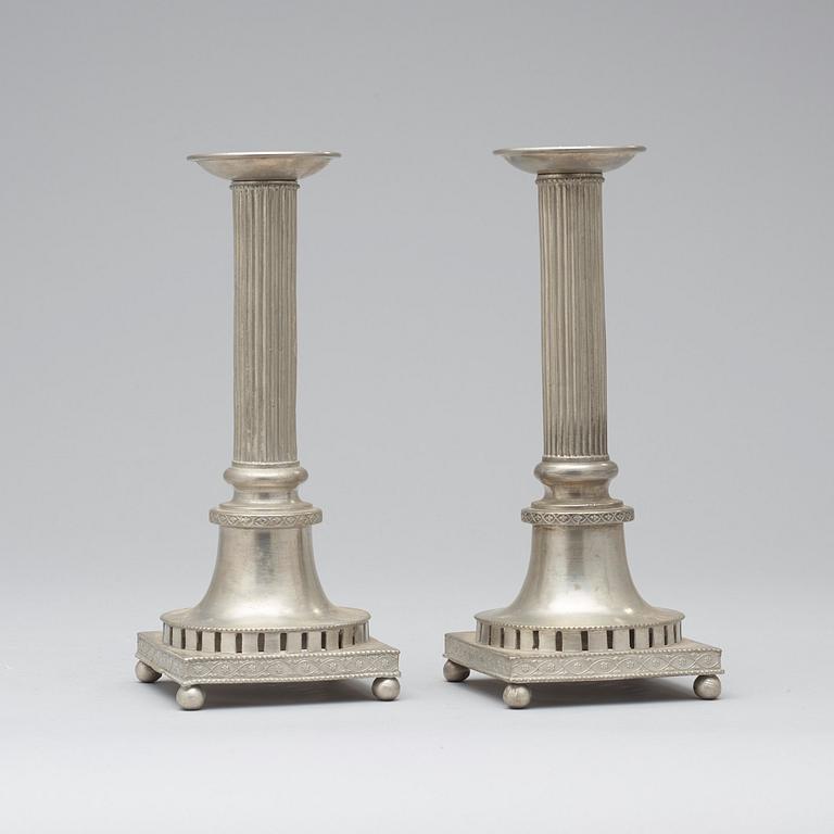 A pair of late Gustavian pewter candlesticks by H Wicksten, master 1782.