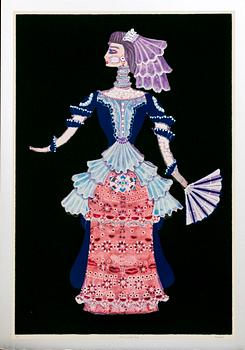 MAX WALTER SVANBERG, 3 st akvarellerade, metallpräglade reproduktioner med textilstoff, signerade och numrerade.