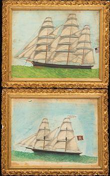 Two portraits of sailing ships, mixed media, 19th century.