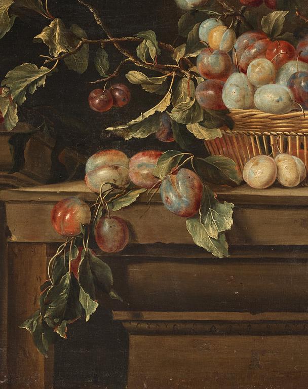 Pierre Dupuis Follower of, Still life with plums in a basket.