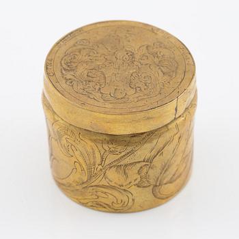 A presumably German baroque brass box, dated 1686.