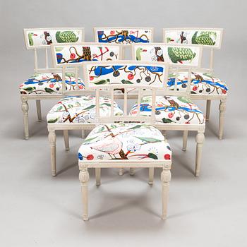 A set of six Late Gustavian chairs from around 1800, upholstery linen fabric designed by Josef Frank.