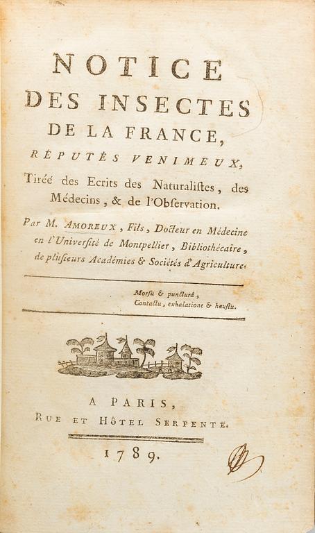 NOTICE DES INSECTES DE LA FRANCE... AV PIERRE JOSEPH AMOREUX PARIS 1789.