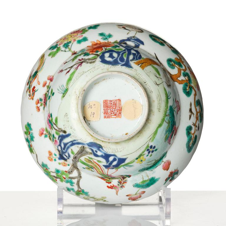 A group of two famille rose bowls and a dish, late Qing dynasty.