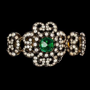 BRACELET, silver with white and green glass stones. 1930's.