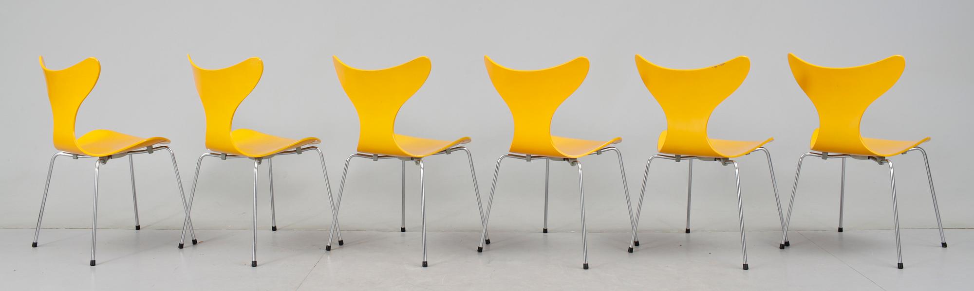 STOLAR, 6st, "Liljan / Måsen / Mågen", Arne Jacobsen, Fritz Hansen, 1979.