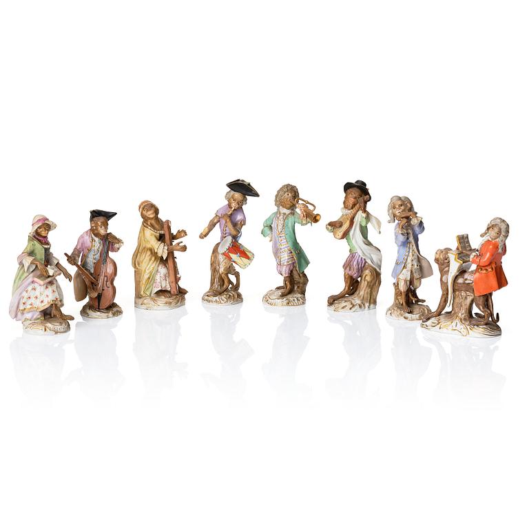 A group of eight Meissen porcelain figures from the 'Affenkapelle', late 19th Century.