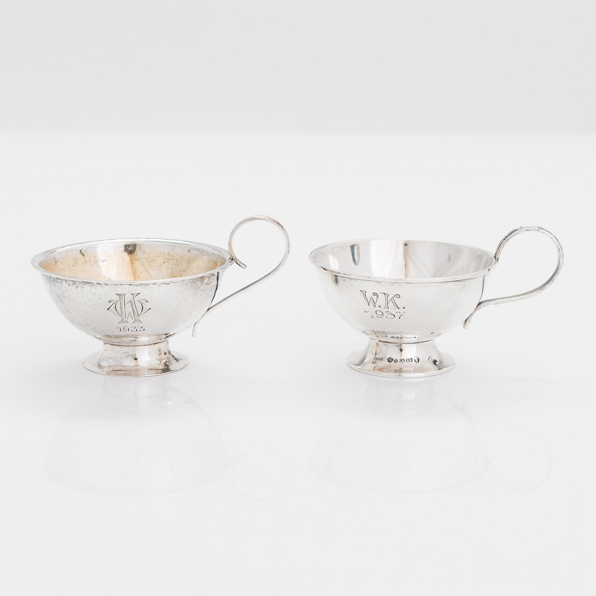 Two sterling silver bowls, Gustav Jansson 1955, 1960, and eight similar silver punsch cups, GAB and CGH 1933-41. Sweden.