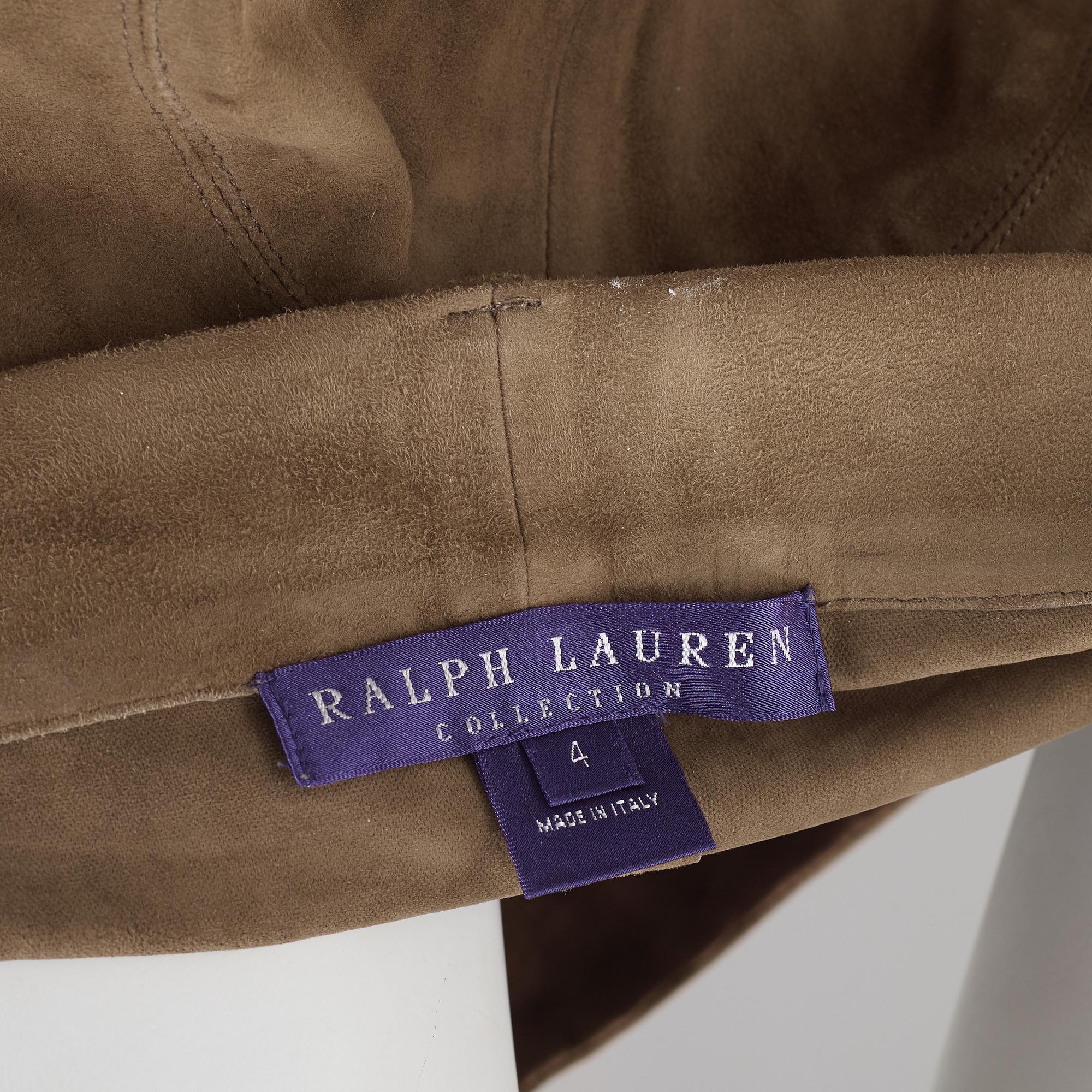 A pair of green suede pants by Ralph Lauren.