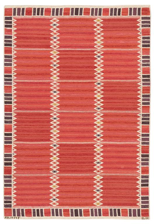 Barbro Nilsson, A CARPET, "Salerno kallröd med enkel bård", flat weave, ca 217 x 149,5 cm, signed AB MMF BN.