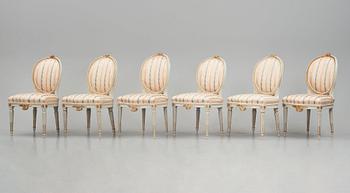 A set of six carved Gustavian chairs, one by Eric Levin (master ca 1780), late 18th century.