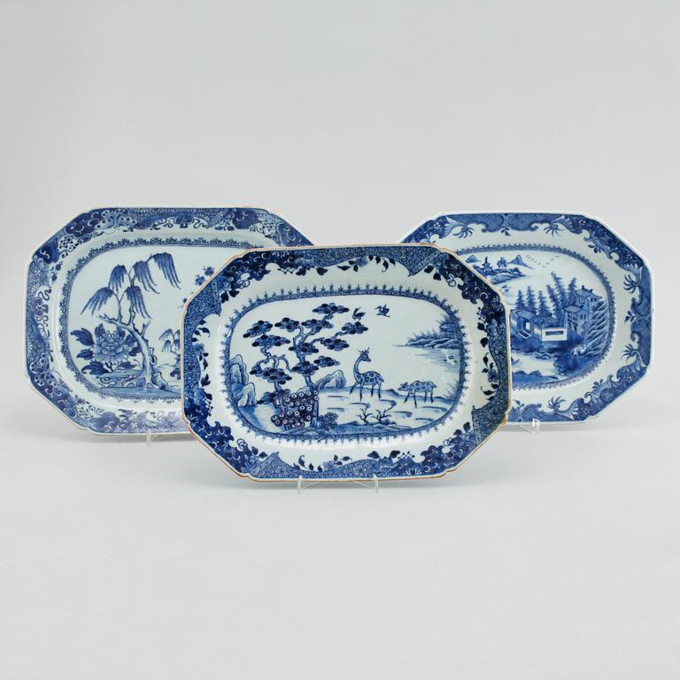 Three porcelain chinese blue and white serving dishes.