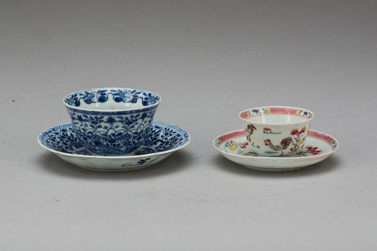 KOPPAR PÅ FAT, 2 st. Porslin, Kina bl.a Qianlong (1736-1795).