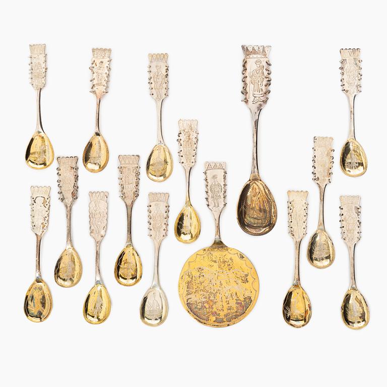 A set of fourteen Swedish silver spoons and server, including with mark of CO Persson Ab, Haparanda 1957.