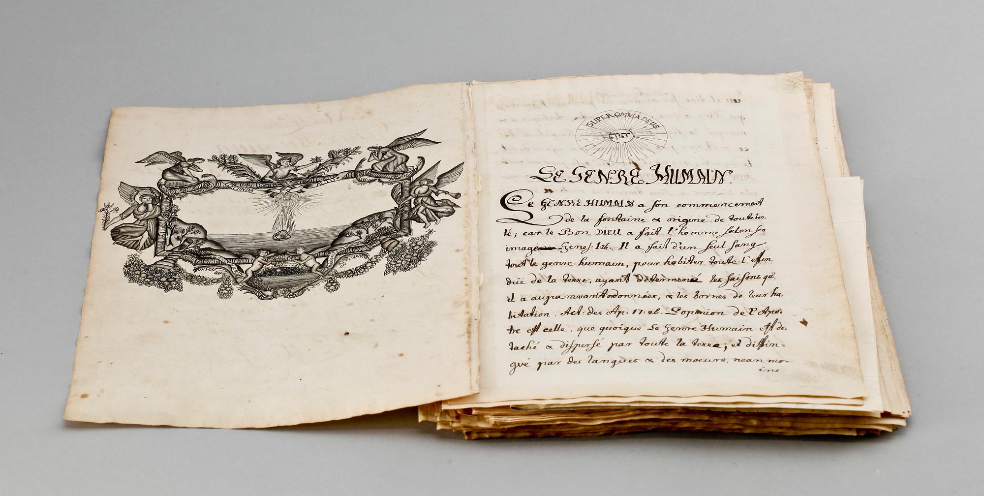 HANDSKRIFT, efter Johan Peringskiöld, "En book af menniskionen slächt och Jesu Christi börd", 1700-talets första hälft.