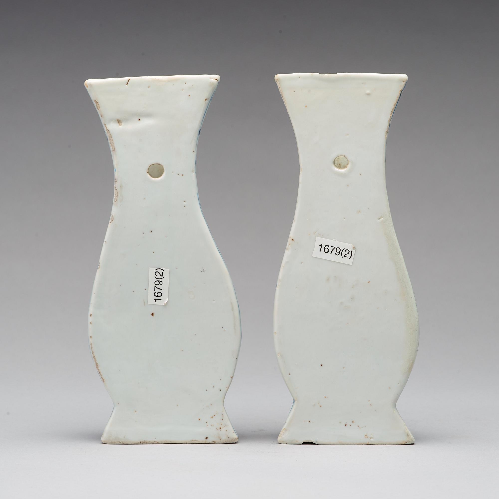Two blue and white wall vases, Qing dynasty, early 18th Century.