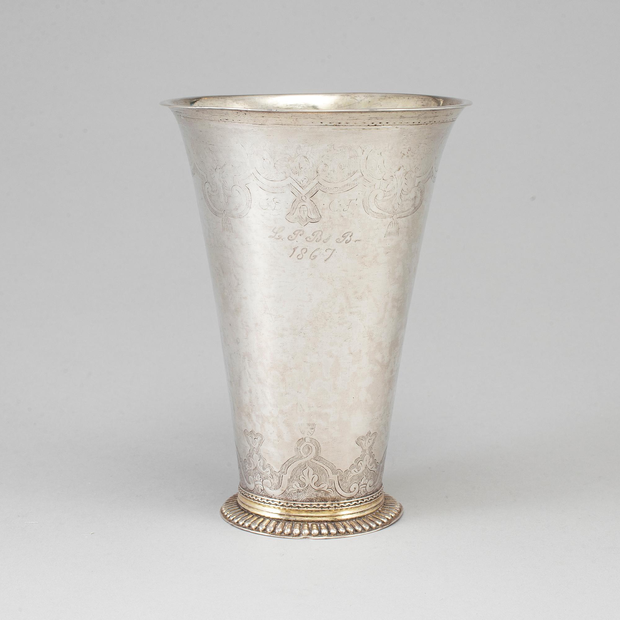 A Swedish 18th century parcel-gilt silver beaker, unmarked.