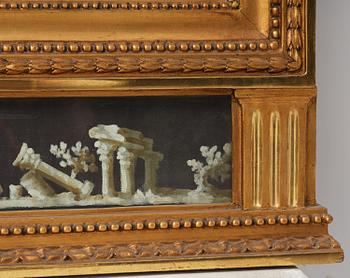 A late Gustavian giltwood and gouache-inset mirror, Stockholm, late 18th century.