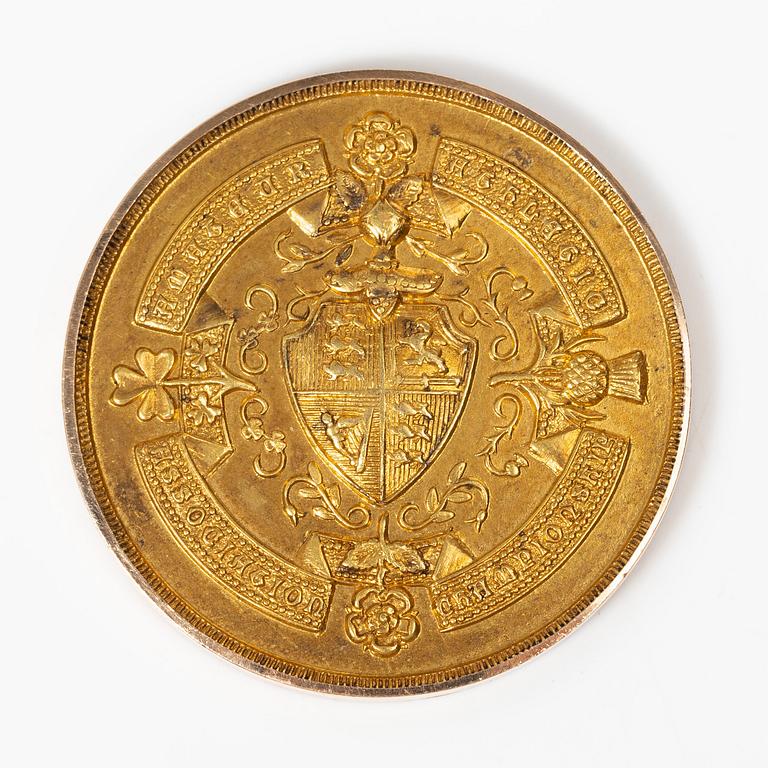 Medalj, 15K guld, England, 1921.