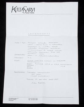 SORMUS, kultaa 14K, akvamariini 1,41 ct, 2 rubiinia 0,39 ct ja 0,40 ct. Kultasarvi, Turku 2008. Todistus.