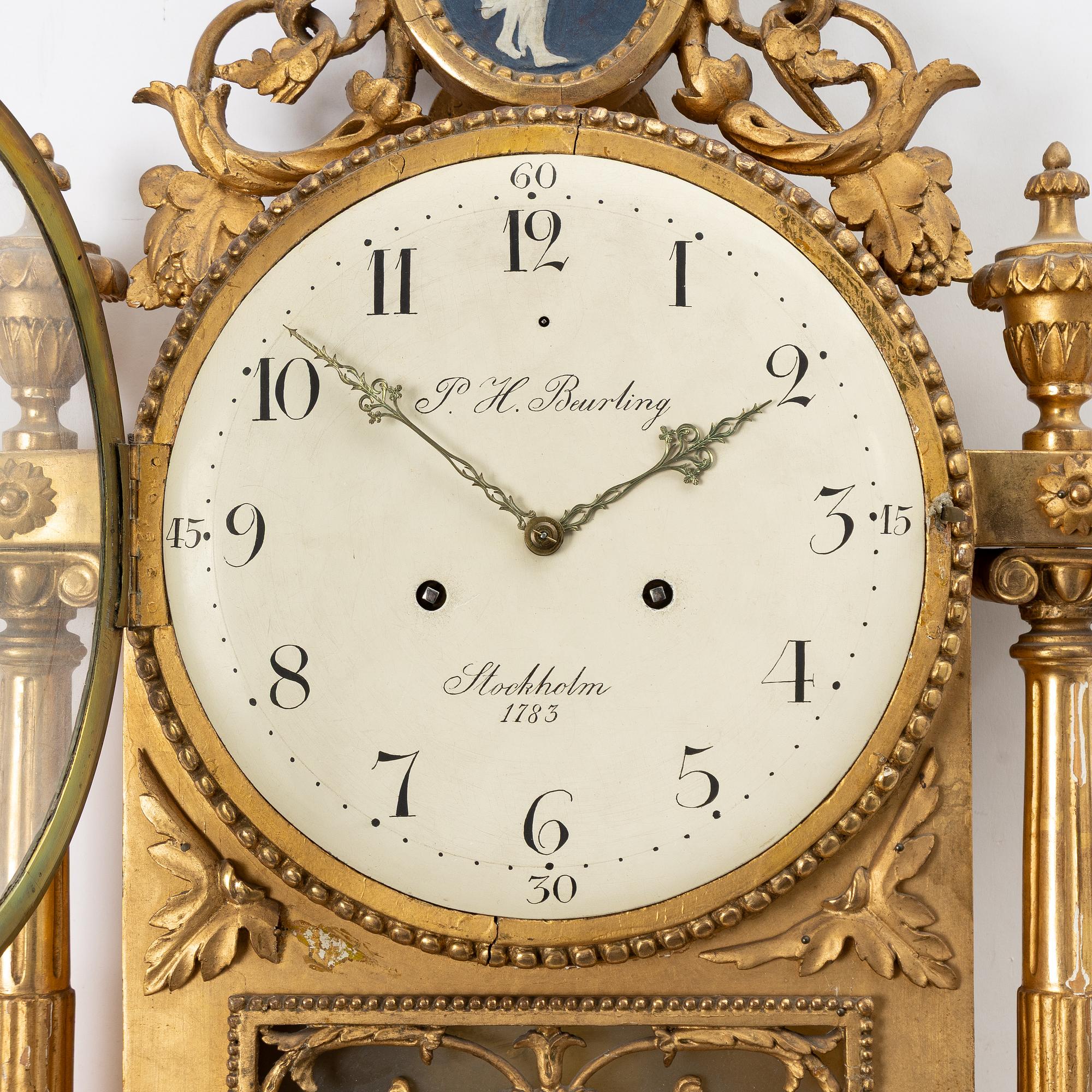A late Gustavian wall clock by Per Henrik Beurling (master in Stockholm 1783-1806).