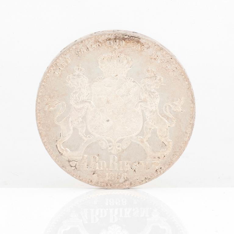 SILVERMYNT, 4 Riksdaler Riksmynt, Karl XV av Sverige o Norge 1868. Vikt ca 34 gram.