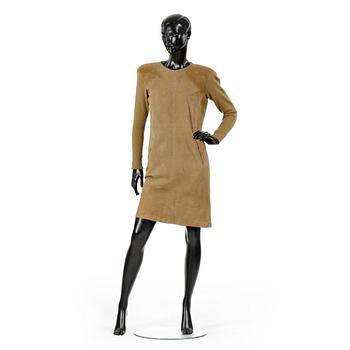 696. YVES SAINT LAURENT, a olive green suede dress.