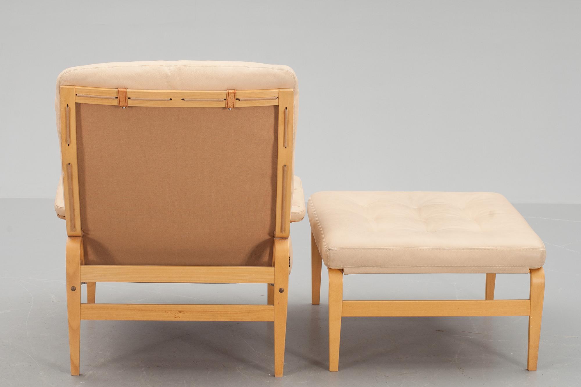 FÅTÖLJ samt FOTPALL, "Ingrid", Bruno Mathsson, Dux, brännmärkt.