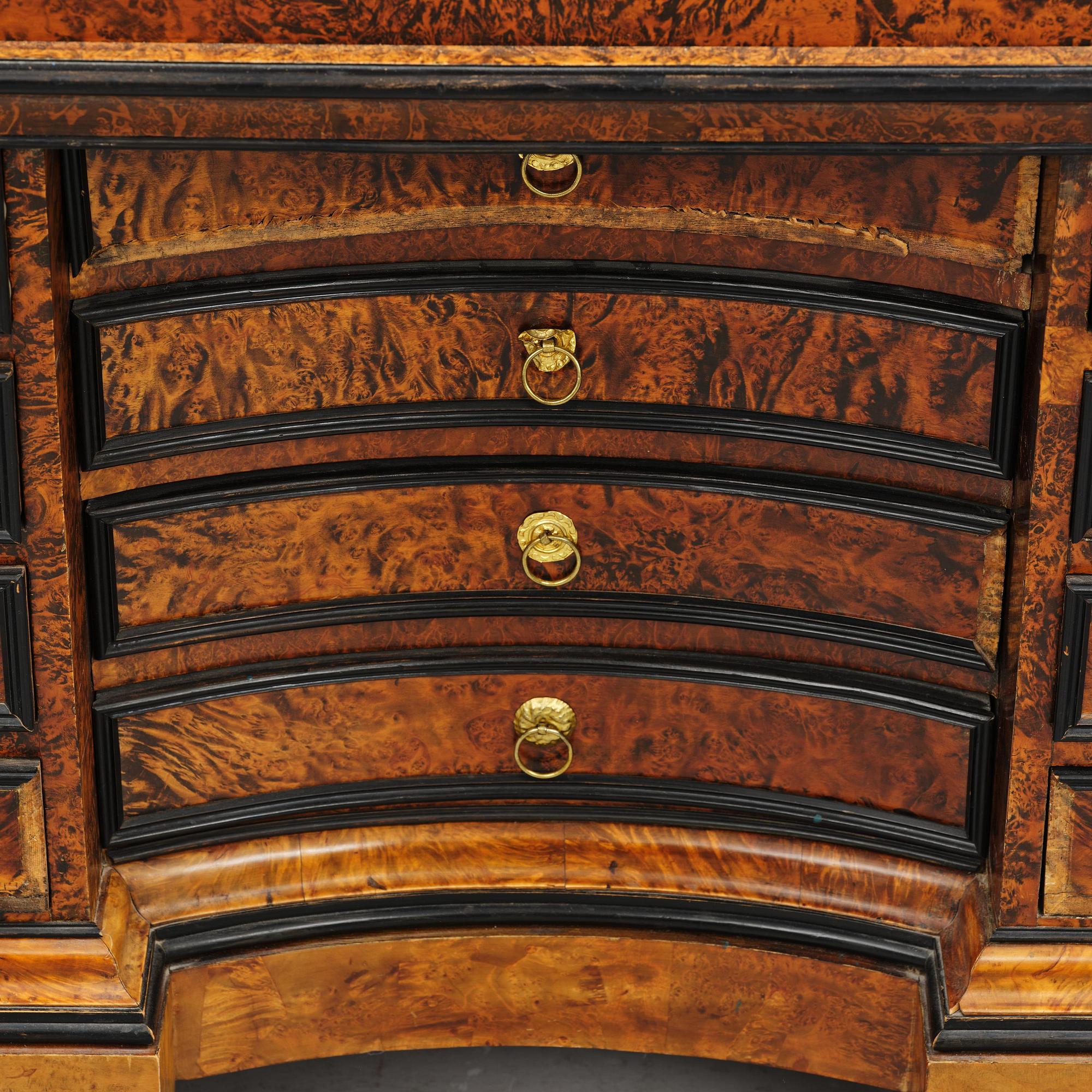 A Swedish burr-elm late baroque writing cabinet, first part 18th century.