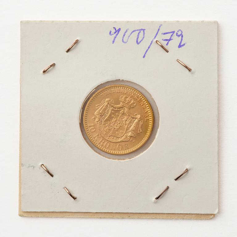 Gold coin, Oscar II, Sweden. 10 kronor, 1901.