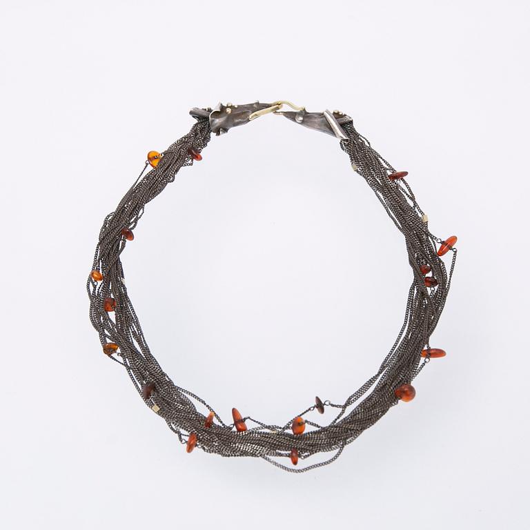 Necklace, oxidised silver and gold plating with amber stones, Ghita Ring, Denmark.