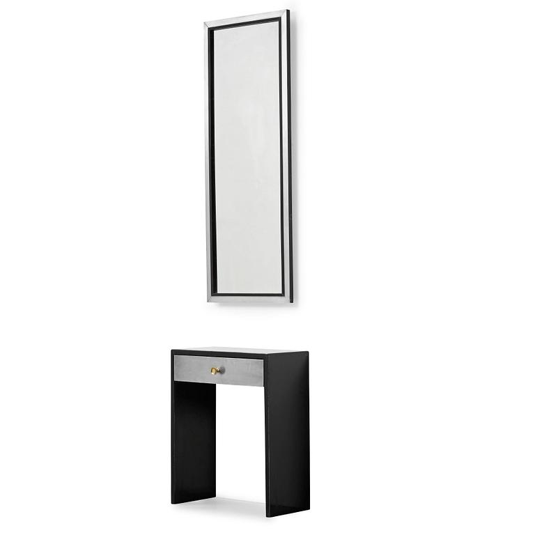 A Swedish modernist  black lacquered and pewter wall mirror and table, 1930's.