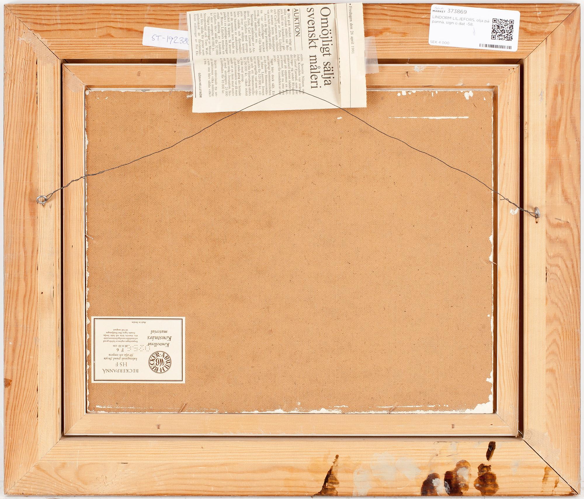 LINDORM LILJEFORS, olja på pannå, sign o dat -58.