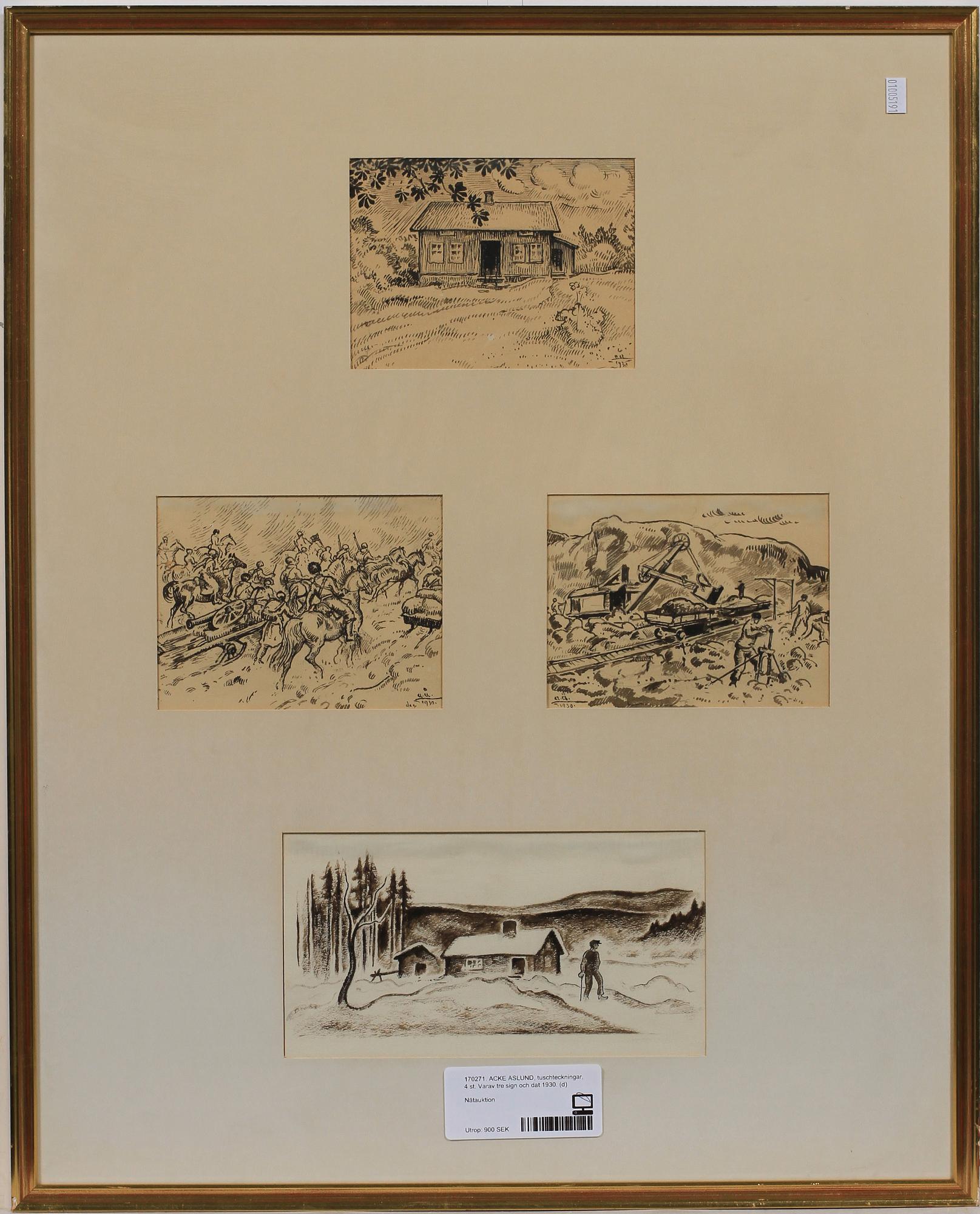 ACKE ÅSLUND, tuschteckningar, 4 st. Varav tre sign och dat 1930.