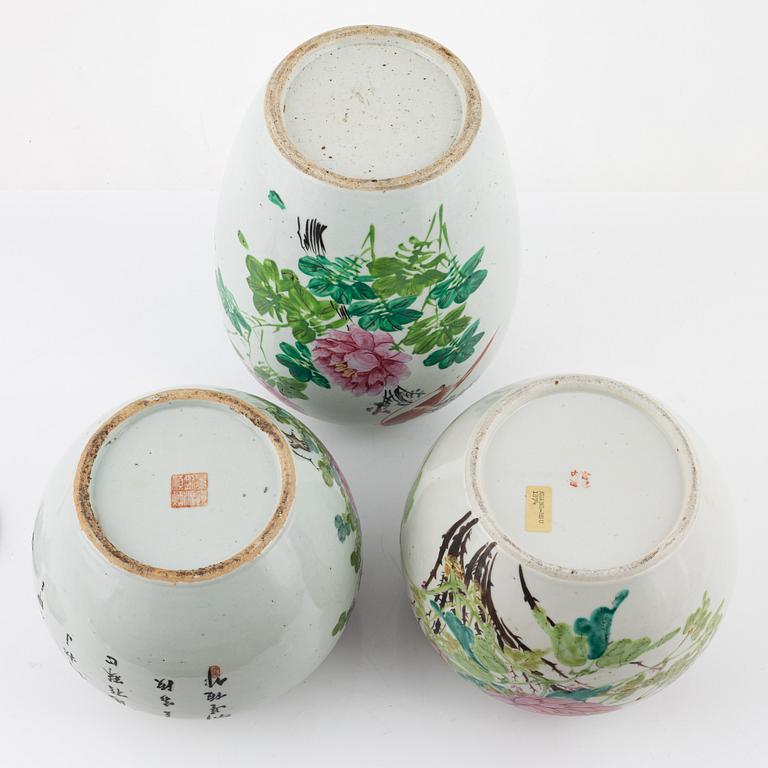 Three Famille Rose porcelain urns, china, first half and middle of the 20th century.