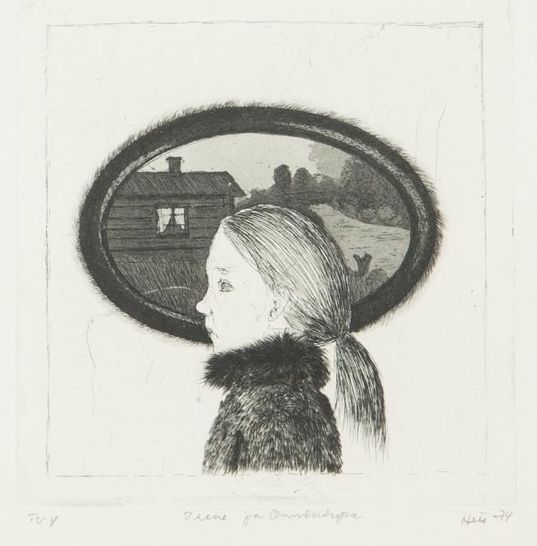 Outi Heiskanen, etching, aquatint, drypoint, signed and dated -74, marked tv 8.